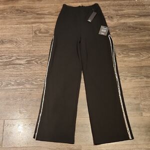 Lulu's Catch Me Black Rhinestone Side Slit Wide Leg Pants NWT